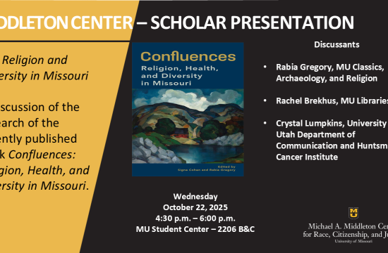The cover of the book titled Confluences: Religion, Health, and Diversity in Missouri and the names of the three discussants.